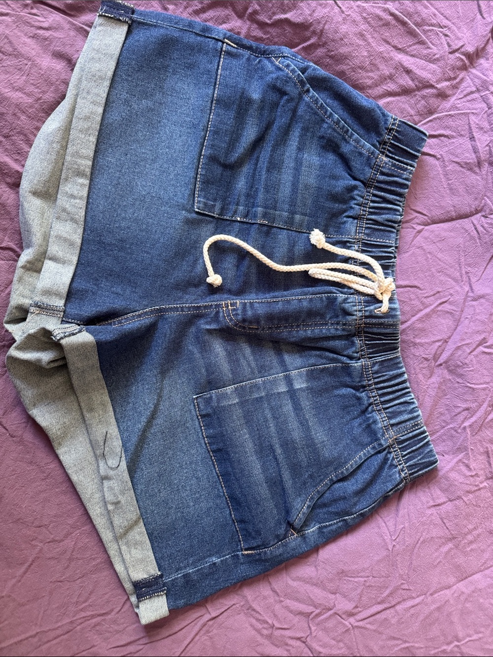 Steve Madden Denim Drawstring Jean Shorts in Blue with Cream Cord